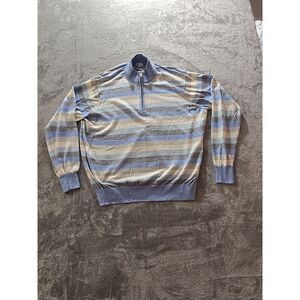 Peter Millar Men's XL‎ Striped Quarter Zip Pullover Sweater Blue Beige Gray